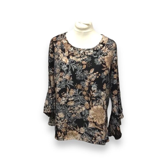 Cato Women’s 3/4 Tulip Sleeve Round Neck Tunic, Black Floral, size L - Picture 1 of 8